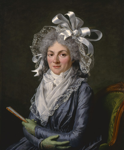 A seated woman with light skin, pink cheeks, and gray curly hair looks out with a serious expression. She is wearing a blue dress, green gloves, a whie scarf and collar that reach her chin, and a white lace cap with ribbon bows on her hair, so that only her face and part of her hair is uncovered.In one hand, she holds a closed folding fan.