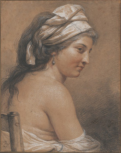 A sepia-toned drawing of a seated woman, shown from the waist up in a side profile view. Her dress or shirt has slipped down, revealing her bare upper arm and back, and her dark wavy hair is partially wrapped in a light-colored turban. She has a dangling earring in her ear, and she her head is turned so that she can look out the corner of her eye to the right.