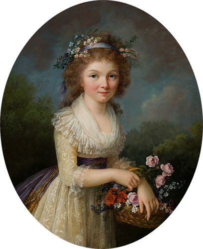 A young girl is standing outdoors, holding a basket of cut flowers and looking directly at the viewer. She has very light skin, pink cheeks, and dark blonde curly  hair that has a blue ribbon and small flowers in it. She wears a cream-colored dress with a ruffled lacy neckline and a purple sash that continues down the back of the skirt.