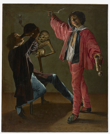 Two young men and a skeleton are in a shadowy room. One of the men wears a bright red coat and pants, and in one hand he holds a flask of drink while the other raised hand holds a long cigarette of some kind. He has undone his waistcoat and his undershirt, exposing part of his chest. His companion wears blue pants and a dark coat, and is leaning back drinking from a large flask. Behind him, the skeleton holds a second human skull and leans forward as if carefully watching what the two young men are doing.