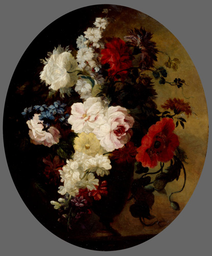 A vase of flowers that includes mostly white and pink flowers with a few red and blue ones mixed in.