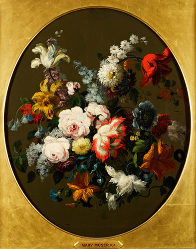 A grouping of of flowers that includes many colors and varieties, including roses, irises, and chrysanthemums. The colors are brightest at the center and become darker and more shadowed toward the edges of the image.