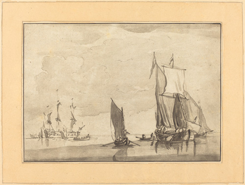 A sepia-toned image depicting two boats, one larger with multiple masts and one smaller with a single mast and two oars, in the foreground. In teh distance, several more boats with tall masts and sails are visible without much detail.