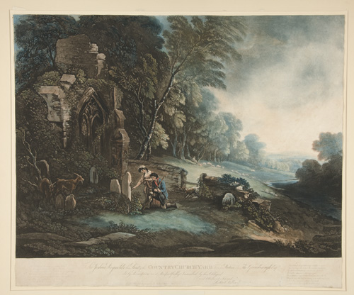 Two young people kneel in front of a pair of gravestones in a run-down churchyard. Two goats are grazing nearby, and the church just beyond appears to be partially collapsed and ruined.