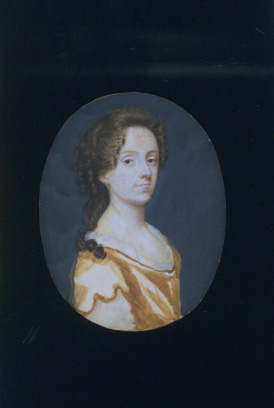 An oval shaped portrait in profile view of a light-skinned woman with long, curled brown hair in an updo. She wears a yellow dress with slightly scalloped sleeves, and looks out at the viewer with a serious expression.