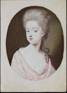 An oval portrait of a light-skinned woman with pale blonde or gray hair in a large updo. Her clothing is white and pink, with a draped neckline.