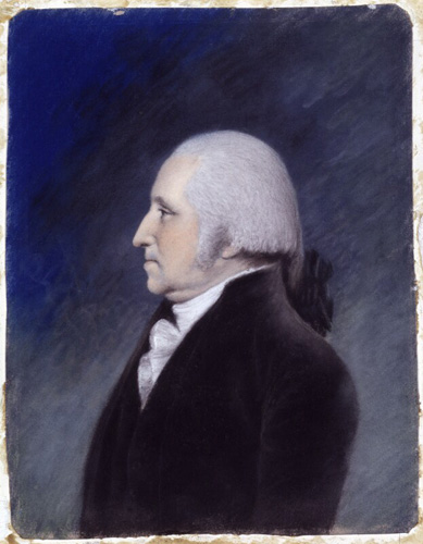 A portrait of a light-skinned man with gray hair, a hooked nose, and a slight double chin, shown in a side profile view. He wears a black coat and a tall white collar. The background of the portrait starts blue in the top-left corner and fades to a grayish-blue in the bottom-right.