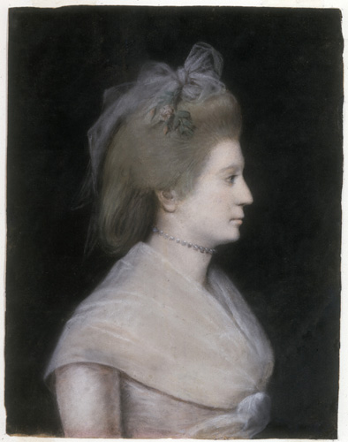 A light-skinned woman with pale brown or dark blonde hair is shown in a side profile view. She wears a grayish bow with small flowers in her hair, a light-colored dress with a shawl tied over her shoulders, and a choker-style necklace worn high on her neck.