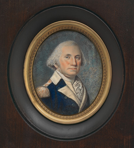 A light-skinned man with reddish cheeks, gray hair, and a double chin is shown from the chest up in a round portrait. He wears a blue coat with white lapels and shoulder tassels, and a white ruffled shirt and tall collar.