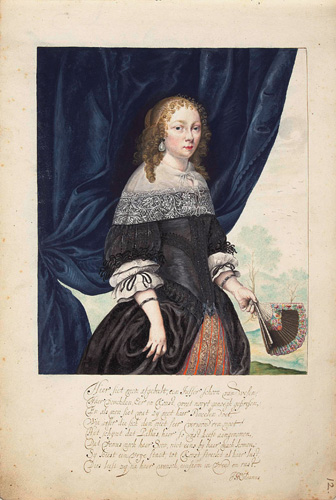 A light-skinned woman with curly reddish-blonde hair, red lips, and a large pearl earring stands in front of a blue drape and looks directly at the viewer. She wears a black dress with a high white lace neck and puffy sleeves, and in one hand she holds a folding fan. Below the image are nine lines of handwritten text, which are not in English.