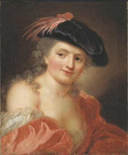 A woman with light skin, rosy cheeks, and curly gray hair is shown from teh chest up. She is wearing a bright pink or red dress which has slipped to expose one shoulder, along with a black hat trimmed with feathers the same color as her dress.