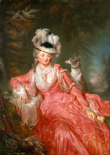 A young woman with light skin, pink cheeks, and curled gray hair is shown reclining outdoors with a small dog hanging over her arm. The woman is wearing a bright pink skirt and jacket outfit with stripes, and the jacket has been pulled slightly to expose one breast. She also wears a white scarf, a large black hat with white feather plumes, and one yellow glove with the other glove in hand.