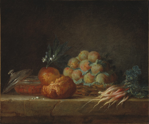 An arrangement of produce is shown on a table. On the left is a glass dish with a reddish or orange colored food inside; next to it is a piece of round bread and a pile of pale orange fruit that may be peaches; and piled up on the far right is a bunch of long, skinny radishes.
