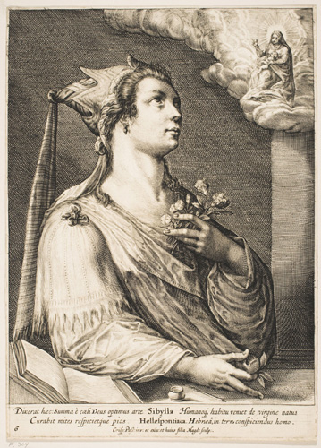 A black and white image shows a young woman in draping robes with a cone-shaped hat holds flowers to her chest and looks upward, where in the corner of the image clouds surround a seated man haloed in light.