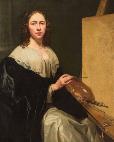 A woman with very light skin, rosy cheeks, and light brown curly hair sits at an easel holding a palette and brushes. She wears a black dress with white skirts and a white collar or shawl over her shoulders, and she gazes out at the viewer with a serious expression.